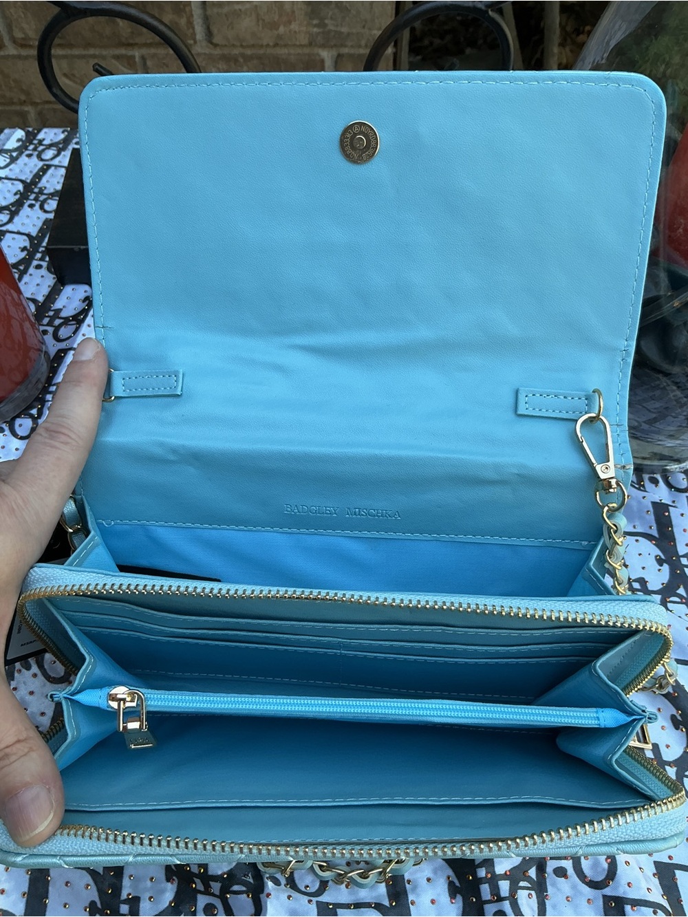 Badgley Mischka Quilted Crossbody Bag in Light Blue with Gold Chain - Picture 4 of 4